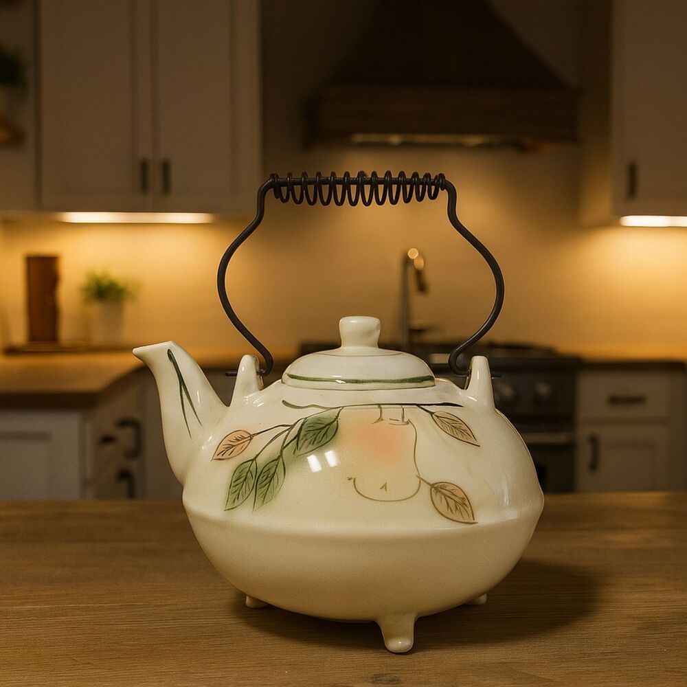 California Pottery Teapot Vintage 3 Toed Handpainted Fruit Metal Coil Handle USA